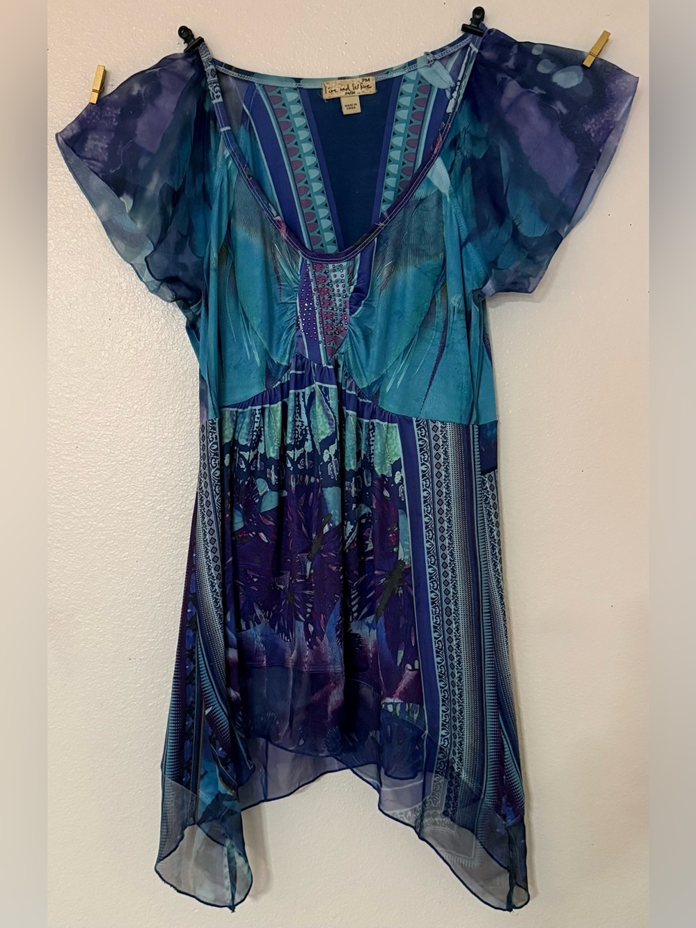 Love and Let Live Petite M Blue Purple Boho Handkerchief Hem Tunic Dress